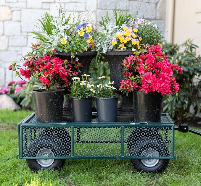 Garden Star 70107 Garden Cart/Utility Cart, Hinged/Removeable Sidewalls, Four 10-inch Wheels, Loop Handle with Convertible Hitch Attachment, Steel Powder-Coated Mesh Frame, 700-pound Capacity, Green