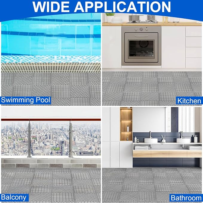 MYFAMIREA Modular Interlocking Cushion 12 Pack 11.8" x 11.8" Rubber Floor Tiles Non-Slip Splicing Drainage Mats for Deck, Pool, Shower, Patio, Balcony, Bathroom, Kitchen, Yard (2 Rows Dots, Gray)