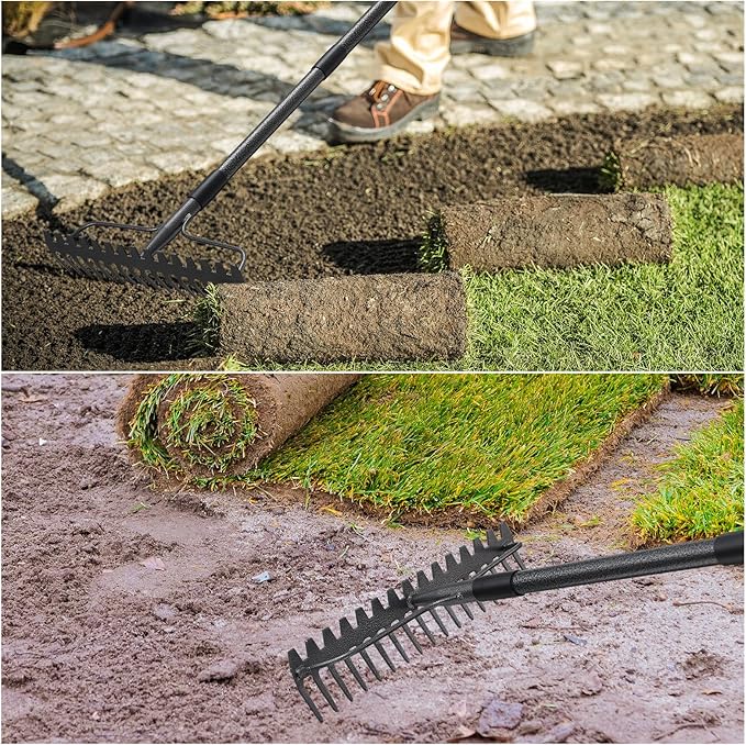 49'' Bow Rake Heavy Duty Garden Rake with Stainless Steel Handle, Tines Metal Head Rake Tool for Loosening Soil Gathering Leaf Leveling Lawn Farming Land Management Yarn Thatch Rake