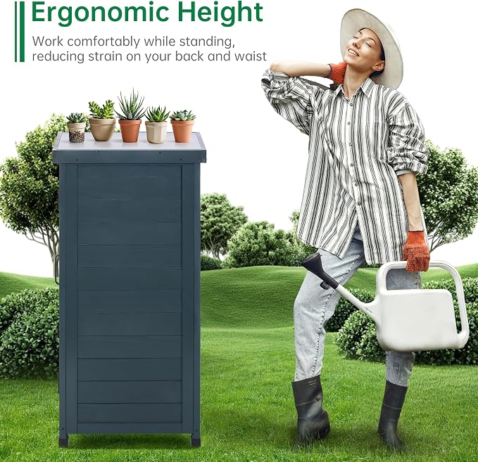HABAU Outdoor Storage Cabinet, Potting Bench Table with Metal Tabletop & Shelves, Wooden Planting Workstation for Patio Garden, Weatherproof, Anthracite Grey