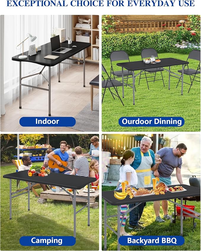 4FT Folding Tables – Heavy Duty Portable Foldable Picnic Table with Built-in Handle, 450 lb Capacity – Ideal for Events, Parties, Crafts, Camping & Dining (4-Pack, Black)