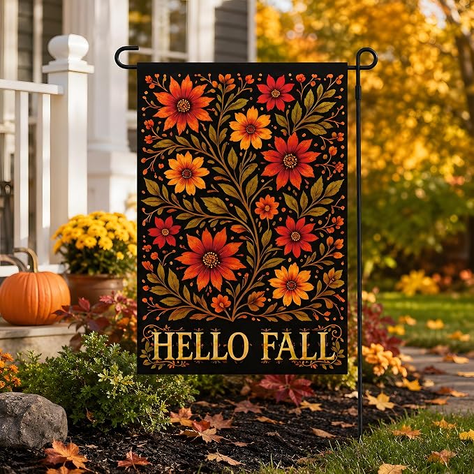 Fall Decor - Hello Fall Floral Garden Flag | Thanksgiving Party Favors Supplies Decorations - Double-Side Autumn Decor for Outdoor Indoor Outside - Friendsgiving Banner for Garden Porch Patio Lawn Yard