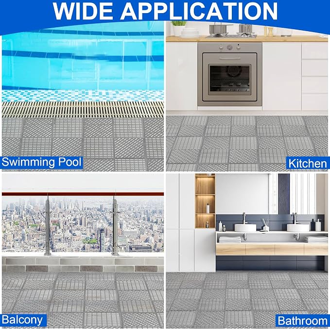 MYFAMIREA Modular Interlocking Cushion 12 Pack 11.8" x 11.8" Rubber Floor Tiles Non-Slip Splicing Drainage Mats for Deck, Pool, Shower, Patio, Balcony, Bathroom, Kitchen, Yard (Diagonal, Gray)