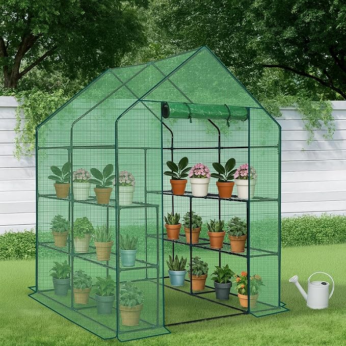 Outvita Walk-in Greenhouse, Outdoor Durable PE Plant Green House for Frost Protection with 3 Tiers 8 Shelves, Shelf Clips, Roll-up Zipper Door, 56"x56"x77" Green