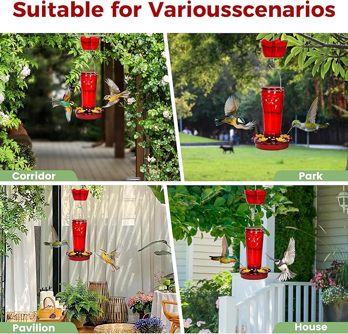 2 Pack Glass Hummingbird feeders for Outdoors 14Ounces,5 Feeding Ports Hummingbird Feeder,Wide Mouth for Easy Filling/Cleaning,Hanging for Garden Backyard Decor, Includes Ant Moat (Red,2Pack)