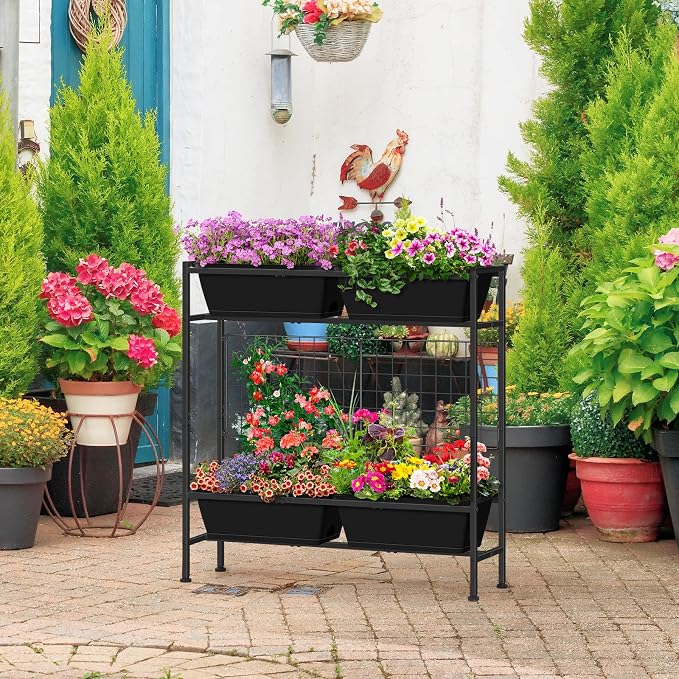 OYEAL Raised Garden Bed 32" Tall Elevated Planter Boxes with Trellis & Legs, Vertical Herb Garden Planter Outdoor for Gardening, Vegetables, Flowers, Herbs, Backyard, Black