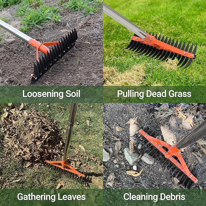 Thatch Rake for Lawns 18 Sharp Tempered Spring Steel Tines Dethatcher Rake Heavy Duty Dethatching Rakes with 62.5" Adjustable Stainless Steel Handle for Lawn Care,Dead Grass, Garden, Yard