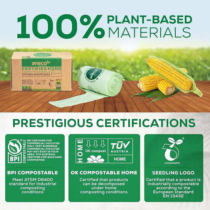 ANECO 100% Compostable Food Waste Bags 1.6 Gallon With Handles (30 Count), Small Compost Bags for Countertop Bin, OK Compost HOME & BPI Certified Compostable Kitchen Food Waste Bags