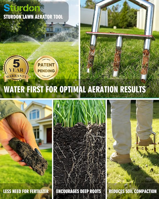 Manual Lawn Aerator - 42 Inch, 304 Stainless Steel Aerator Lawn Tool, Easy to Install, Rust Resistant, Core Aerator for Yard&Grass Compacted Soil, 3 Detachable Hollow Tines, Non Slip Foot Pad