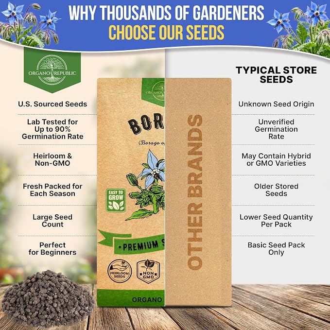 Borage Seeds Pack 1.50 G - Over 75 Non-GMO Heirloom Borage Seeds for Planting Herbs in Individual Seed Packet, Herbs Seeds for Planting Home Garden Indoor & Outdoor Gardening