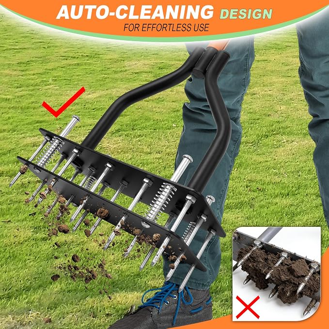 Lawn Aerator Tool, Manual Lawn Aerators with Padded T-Handle, 15 Solid Steel Spikes, Dual-Layer Design for Aeration in Lawn, Yard, Garden Soil (Include Gloves)