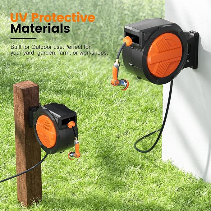 Retractable Garden Hose Reel 1/2โ x 100ft, Auto Rewind Hose Reels for Outside, Heavy-Duty Wall-Mounted Outdoor Hose, 10-Mode Nozzle, Adjustable Length, 180ยฐ Rotation for Watering, Car Washing