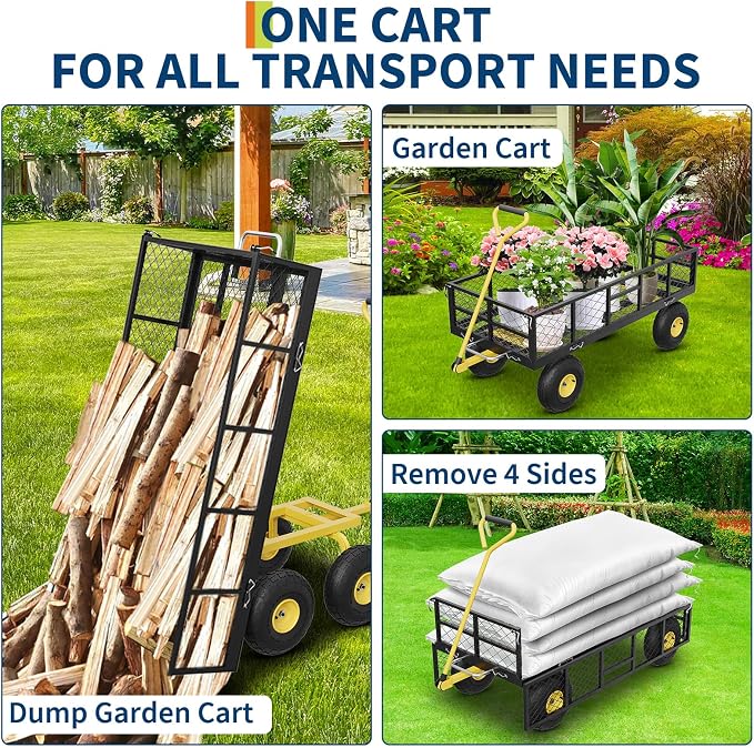 Garvee 900 lbs Steel Garden Dump Cart with Removable Sides, Convert to Flatbed, Heavy Duty Yard Cart with 180°Rotating Handle & 10" All Terrain Wheels, Utility Dump Wagon for Lawn Farm Backyard