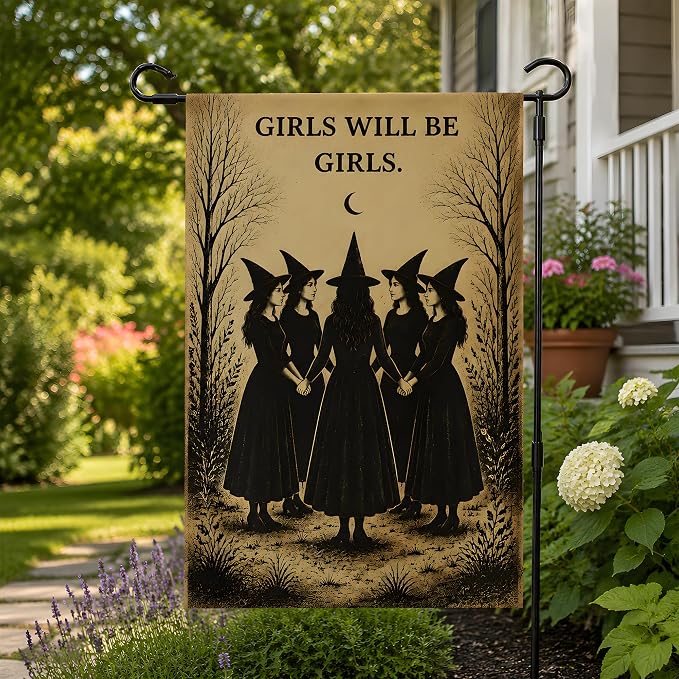 Halloween Decorations - Witch GIRLS WILL BE GIRLS Garden Flag | Halloween Party Decorations for Outdoor Indoor Outside - Trick or Treat Banner Decor for Garden Porch Patio Lawn Yard Party Favors Supplies