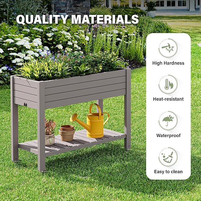 33.7" Tall Raised Garden Bed with Wheels, Divisible Resin Planter Box with Drainage Gauge & Storage Shelf, Herb Planter for Garden Patio Backyard, Light Brown (33.7" h)