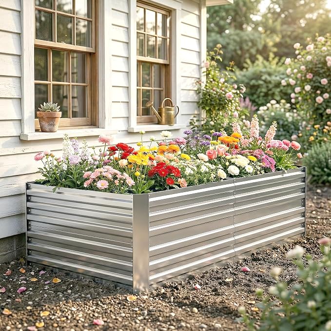 Outsunny Galvanized Raised Garden Bed Kit with Reinforcing Bars, Large and Tall Metal Planter Box for Vegetables, Flowers and Herbs, 6' x 3' x 2', Silver