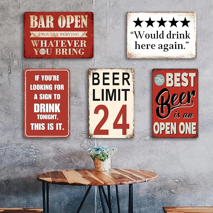 Vintage Metal Sign, Metal Wall Art, Funny Bar Signs, Motivational Positive Affirmations Wall Decor, Funny Tin Signs for Home Office School Gym & Locker Room 8x12 Inch (5-Pack Funny Metal Bar Sign Set)