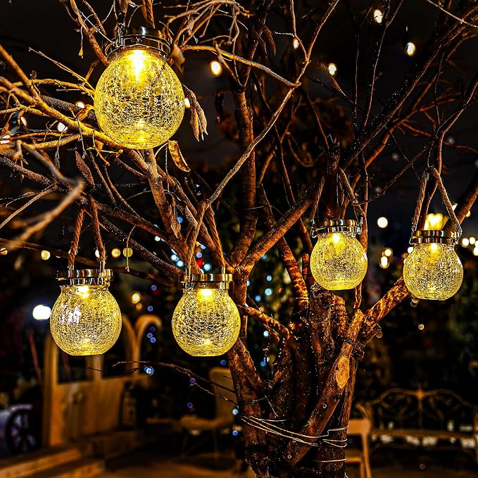 Cooo Christmas Gifts 6 Pack Solar Lanterns Waterproof Outdoor Heavy Crackle Glass a Big Warm LED Stainless Steel Lid 215% Solar for Women Mom Grandma Landscape Path Lights Garden Yard Backyard Decor