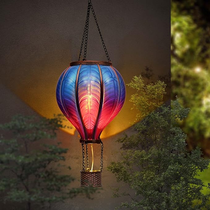 TERESA'S COLLECTIONS Hot Air Balloon Solar Lantern for Garden Decor, Flickering Flame Hanging Solar Light for Outdoor Decorations, Blue & Purple Plastic Lamp for Yard Tree Porch Party, Gift for Mom