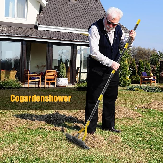Dual-Action Thatch Rake for Lawn - Efficient 15" Thatching Rake with Sharp Dethatching Blade,Manual Dethatcher & Scarifier Tool for Dead Grass Removal,Soil Loosening,Garden Yard Lawn Care,55" Long