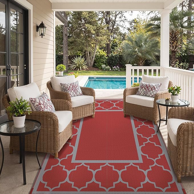 GENIMO 5' x 8' Outdoor Rug Waterproof for Patio Decor, Foldable Reversible Plastic Straw Area Rugs Mat for Camper, Outside Carpet for Rv, Deck, Porch, Picnic, Beach, Balcony, Red & Grey