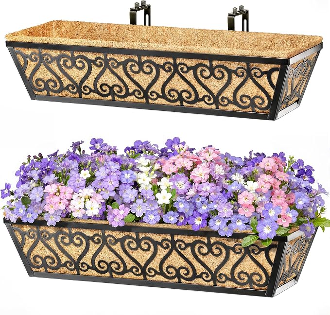4 Pack 24 Inch Deck Railing Planter Box - Window Boxes Planters with Adjustable Brackets Coco Liners Balcony Planters Railing Hanging for Window Flower Boxes Outdoor Garden Decor