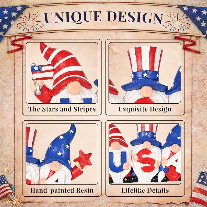 TISEJOY 4th of July Decorations Outdoor Gnomes for Memorial Day Decorations 4“, Garden Gnomes Statues, Patriotic Decorations for Home Decor, Stars and Stripes Gnomes Figurines for Living Room Garden
