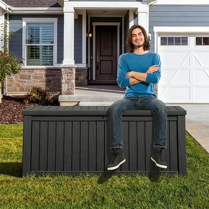 Fancyango 200 Gallon Outdoor Deck Box Waterproof, Large Storage Box for Patio, Resin Storage Bench Lockable for Garden Tools, Package Delivery, Black