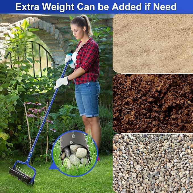 Rolling Lawn Aerator, 21" Soil Penetrator push Aerator for lawn,Preasembled Spike Garden Aerator Tool, 75" Adjustable Handle ,Heavy Duty Aerator lawn tool for garden,farm care,Keep the soil health.