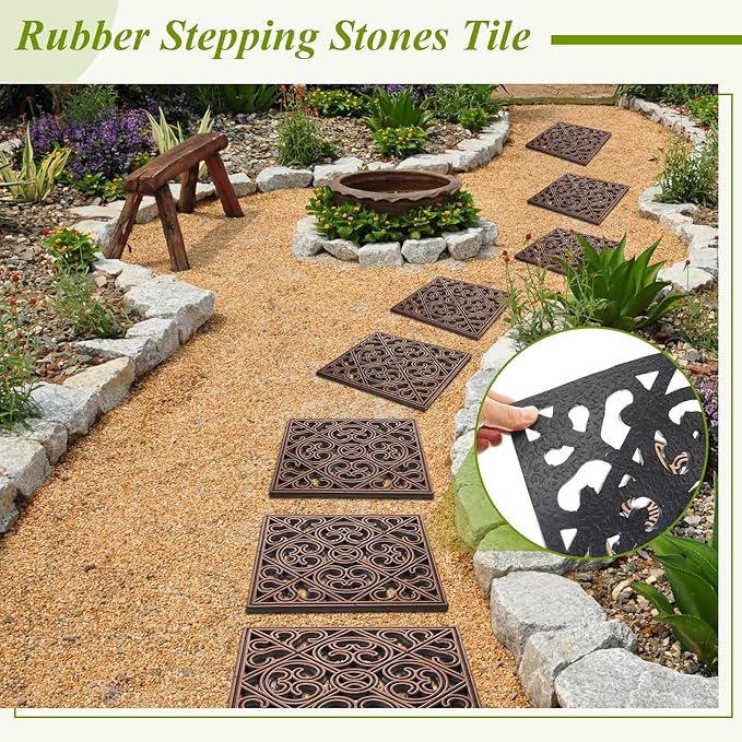 Pangda 8 Pcs Rubber Stepping Stones Outdoor Garden Walkway, 12 x 12 Inch Heavy Duty Pathway Pavers Retro Decorative Stepping Stones for Outside Landscaping Yard Lawn Path(Copper,Cross Square)