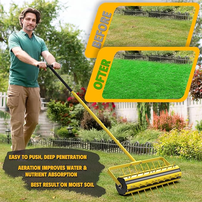 2026 Updated 20 Inch Manual Rolling Lawn Aerator - 2.4" Steel Spikes Heavy Duty Core Aerator with 55" T-Handle for Compacted Soil, Yard & Lawn Care