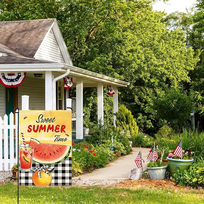 Sweet Summer Time Garden Flag, Buffalo Plaid Check Lemon House Yard Watermelon Bee Lemonade Outside Decoration, Seasonal Farmhouse Outdoor Small Burlap Decor Double Sided 12x18 Farmhouse Outdoor Yard Decoration