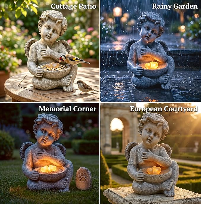 MXwcy Solar Angel Statue with Bird Feeder, 9.06" Resin Angel Garden Statue Solar Lights, Waterproof Angel Garden Decor for Yard Lawn Patio, Memorial Garden Angel Gift for Women Mom Grandma