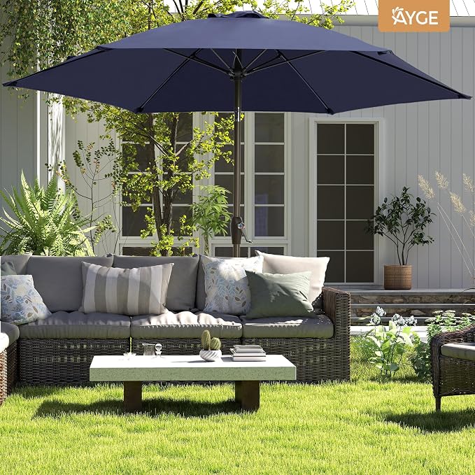 Ayge 7.5FT Large Outdoor Patio Umbrella Market Table Umbrella-UV Resistant, Easy Push Button Tilt and Crank, 6 Sturdy Fiberglass Ribs Heavy-Duty Pool Umbrella for Deck, Backyard,Garden, Yard,Navy