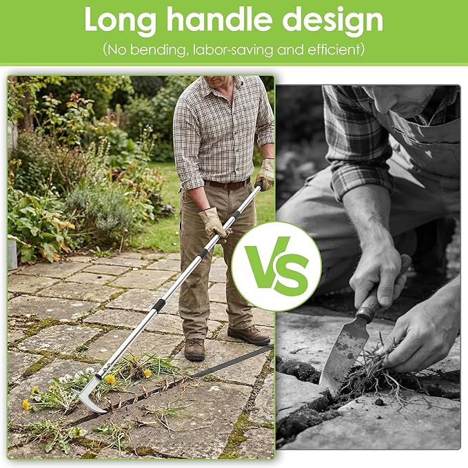 Crack Weeder Tool, 20-65" Adjustable Stainless Steel Long Handle Crevice Weeding Tool Heavy Duty L-Shaped Manual Garden Weed Puller & Remover for Sidewalk, Garden, Patio, Lawn