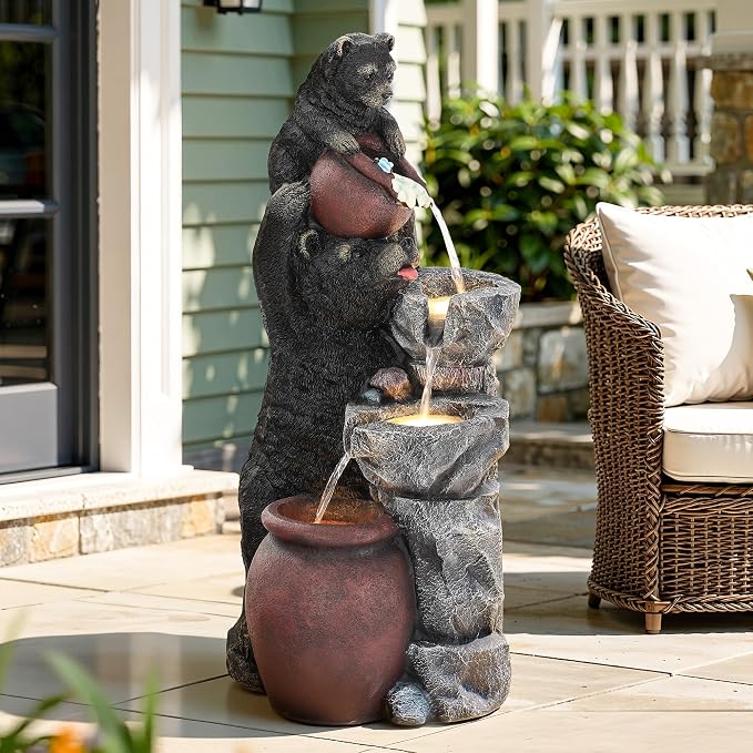 37.5" H Resin Playful Twin Bear Fountain Outdoor, Whimsical Multi-Tiered Stone Vessel Water Feature Outdoor with Lights, Soothing Cascading Waterfall for Patio, Backyard, Garden or Porch
