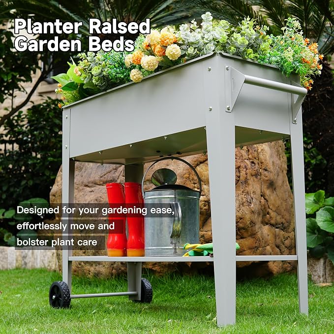 LEETOLLA ๐๐๐ข๐ฌ๐๐ ๐๐๐ซ๐๐๐ง ๐๐๐ ๐๐ฎ๐ญ๐๐จ๐จ๐ซ Elevate Herb Garden Planter Box Outdoor Raised Planter Box with Legs On Wheels for Vegetables Flower Tomato Patio Backyard