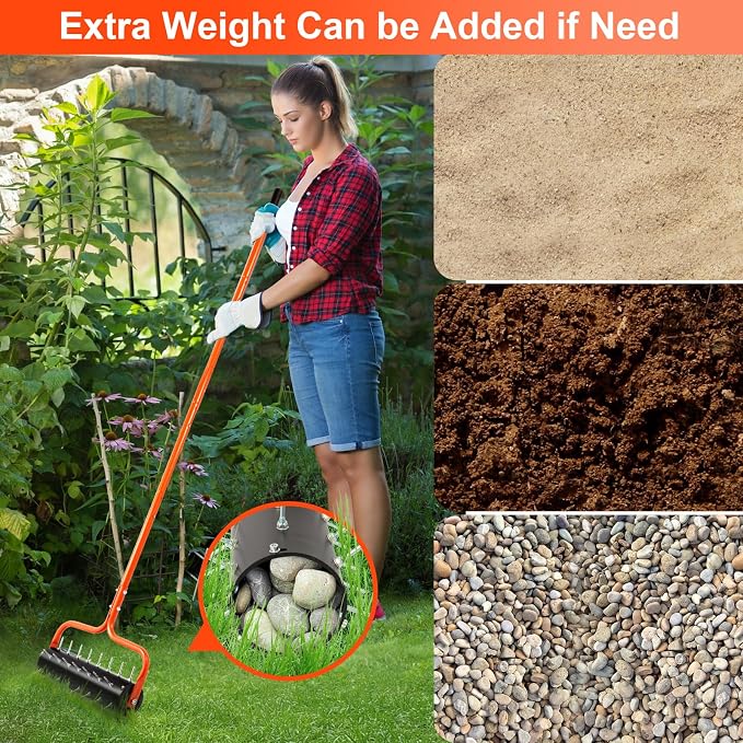 Rolling Lawn Aerator, 21" Soil Penetrator push Aerator for lawn,Preasembled Spike Garden Aerator Tool, 75" Adjustable Handle ,Heavy Duty Aerator lawn tool for garden,farm care,Keep the soil health.