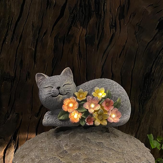Solar Cat Garden Statue, Resin Solar Cat Lights with Flower for Outside, Outdoor Cats Statues for Lawn Porch Yard Art - Birthday Gifts for Mom Grandma Women