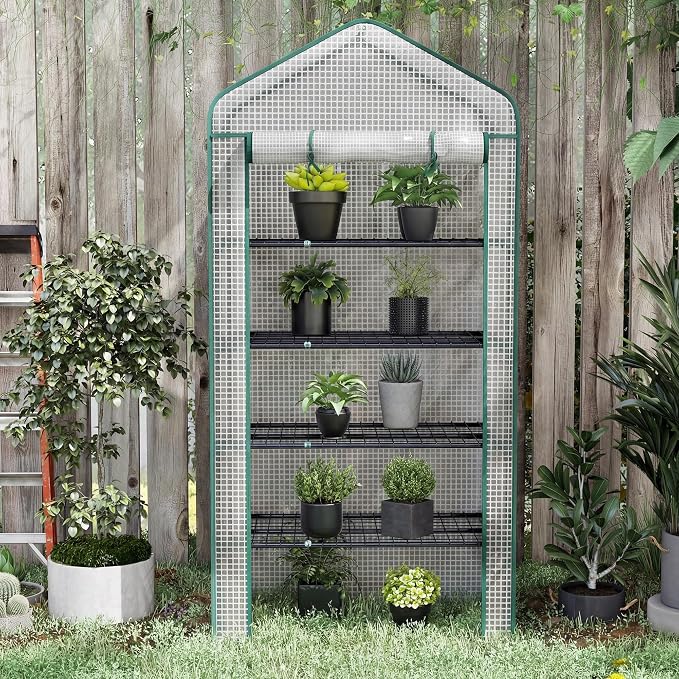 Outsunny 5 Tier Mini Greenhouse, 76" x 35.4" x 19.3" Small Portable Greenhouse with Reinforced PE Cover, Roll-Up Zippered Door, for Indoor Outdoor Garden Yard Backyard, White