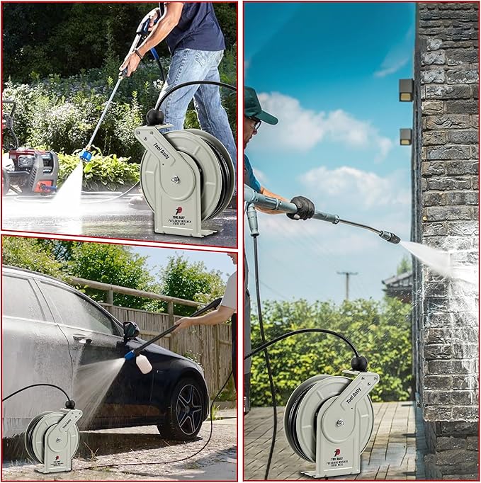 Tool Daily Retractable Pressure Washer Hose Reel, 1/4” x 60 FT Heavy Duty Power Washer Reel with Hose, Auto-Rewind, Wall/Floor Mounted, 3600 PSI