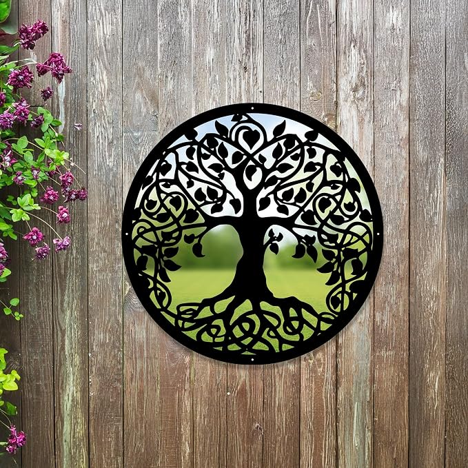 Sun Catcher Garden Decor Tree of Life Garden Mirror Range of Sizes Round Framed Mirror Outside Rust Resistant Acrylic Fixings Included Gift (42cm / 16.5 inch)