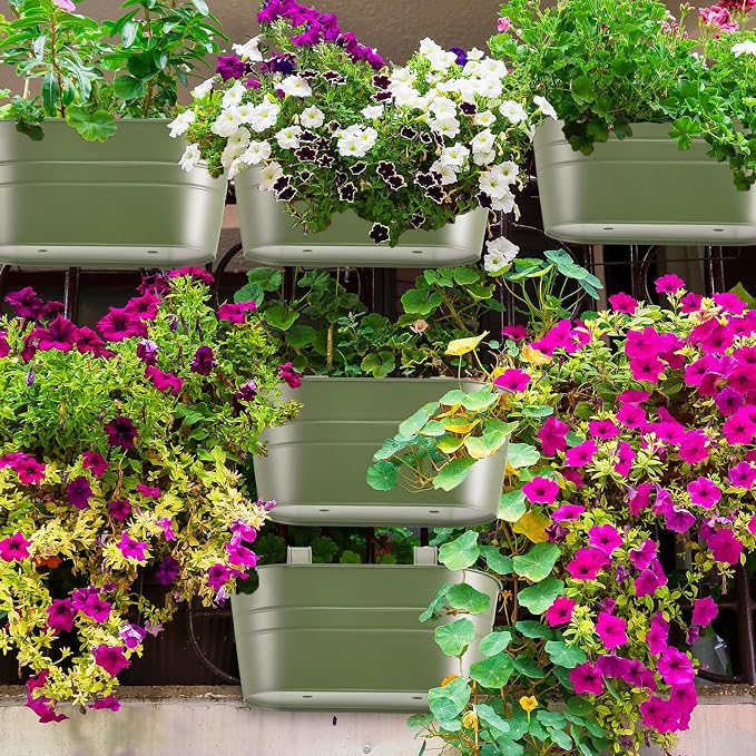 Hicarer Metal Hanging Flower Pots for Railing Fence, Large Hanging Rail Planters for Outdoor Window Balcony Plants Holder with Hooks for Garden Yard Home Decor(Green,4 Pcs)