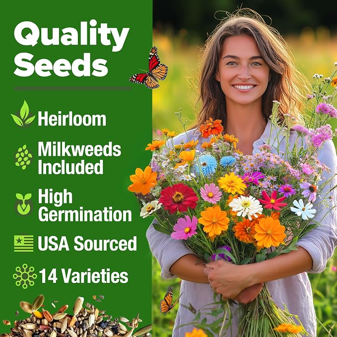 HOME GROWN Premium Monarch Butterfly Wildflower Seeds Mix (2oz) - 20000+ Non-GMO Milkweed Seeds for Monarch Butterflies - Perennial Wildflowers - Bulk Flower Seeds for Pollinator Gardens