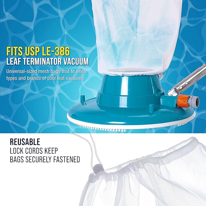 U.S. Pool Supply Fine Mesh Filter Bags for Leaf Vacuum Pool Cleaners, 2 Pack - Large 16" x 20" Replacement Net Bags, Locking Cord, Holds Leaves, Debris - Universal Fit, Leaf Terminator, Eater, Gulper