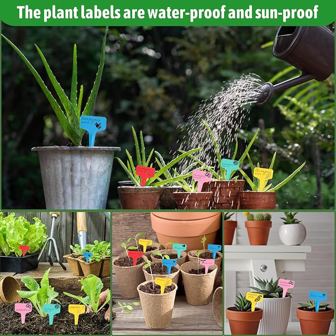 Plant Labels Tags 200Pcs T-Type Plant Markers Plastic Plant Label Tags Garden Tags Plant Labels for Outdoor Garden Waterproof Plant Label Identification Stakes with Permanent Marking Pen 5 (Red)