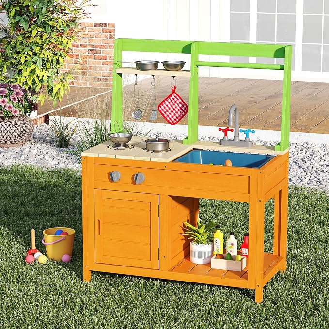 Costzon Mud Kitchen for Kids Outdoor, Wooden Play Kitchen w/Stoves, Removable Sink, Faucet, Oven, Cooking Accessories, Storage Shelves, Montessori Pretend Kitchen Playset for Girls&Boys 3+ Years Old