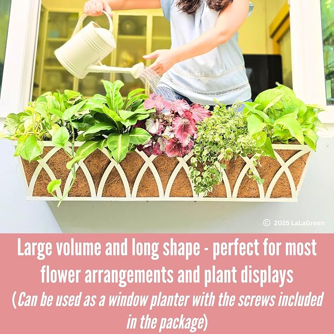 LaLaGreen Railing Planter Boxes (2 Pack, 36") White Metal Rectangular Window Box for Outdoor Plants, Large Wall Hanging Planters with Coco Liner Modern Garden Fence Horse Troughs Patio Porch Decor