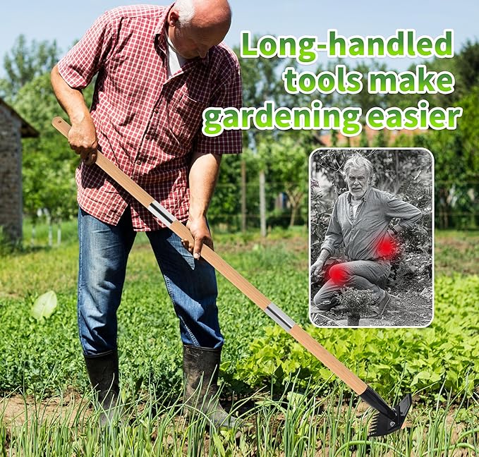 Garden Hoe with Long Bamboo Handle, 2 in 1 Weed Puller Tool&Manual Weed Remover, Weed Rake&Grabber, Gardenia Heavy Duty Uprooting Tool for Yard, Lawn and Garden, 49Inch 