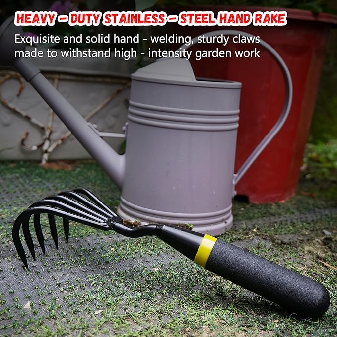 Kemaier Hand Rake and Weeder Cultivator – 5-Claw Heavy Duty Stainless Steel Garden Tool for Small Gardens, Soil Loosening and Weeding – Ergonomic Handle, Durable Hand Tools for Easy Gardening